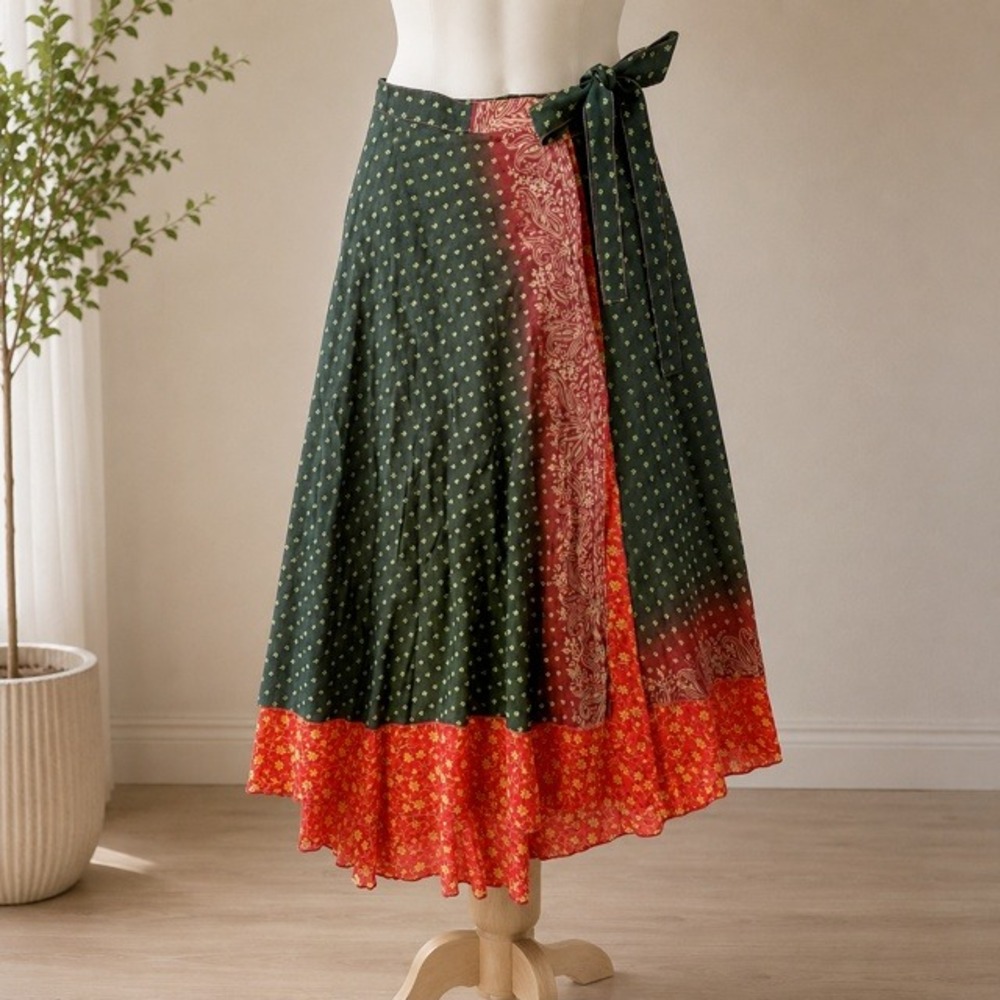 Satya India Sari Wrap Skirt OS Green Red Floral Boho Midi Tie Waist